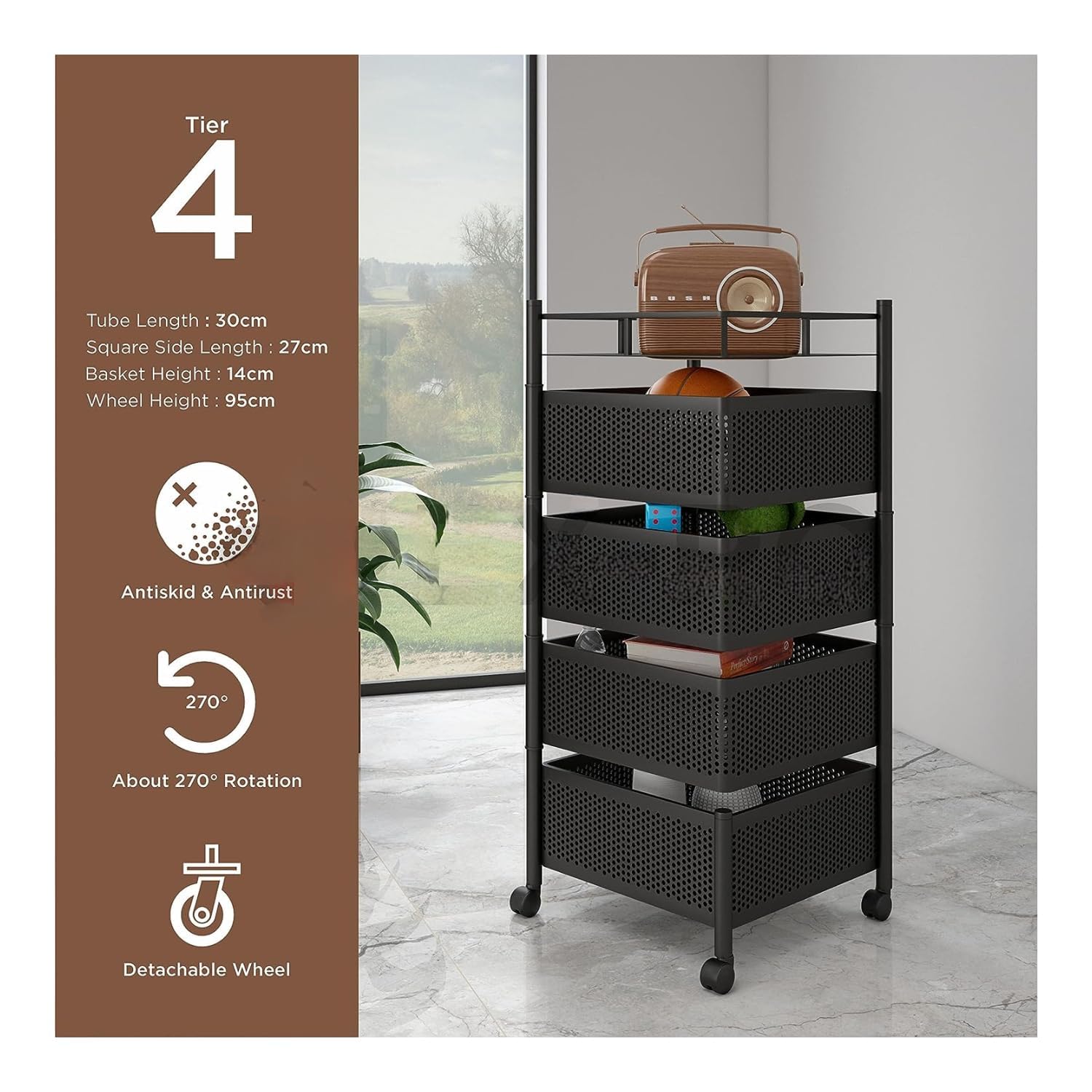 Privesh Metal 4 Layer Kitchen Rotating Trolley Portable Storage Rack Square Design Fruits & Vegetable Onion Cutlery, Spice, Jars